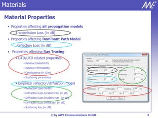 Materials

Material Properties
  • Properties affecting all propagation models
      Transmission Loss (in dB)
  • Properties affecting Dominant Path Model
       Reflection Loss (in dB)
  • Properties affecting Ray Tracing
      • GTD/UTD related properties
           • Relative Dielectricity
           • Relative Permeability
           • Conductance (in S/m)
           • Scattering parameters

      • Empirical reflection/diffraction model
           • Reflection Loss (in dB)
           • Diffraction Loss Incident Min (in dB)
           • Diffraction Loss Incident Max (in dB)
           • Diffraction Loss Diffracted (in dB)
           • Scattering loss (in dB)

                                      © by AWE Communications GmbH   8
 