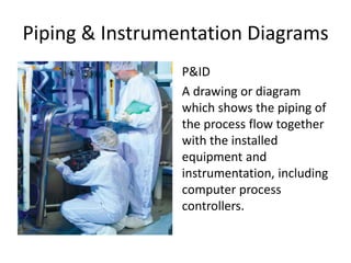 Piping & Instrumentation Diagrams
P&ID
A drawing or diagram
which shows the piping of
the process flow together
with the installed
equipment and
instrumentation, including
computer process
controllers.
 