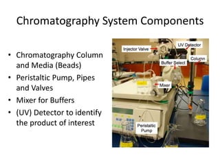 Chromatography System Components
• Chromatography Column
and Media (Beads)
• Peristaltic Pump, Pipes
and Valves
• Mixer for Buffers
• (UV) Detector to identify
the product of interest
 