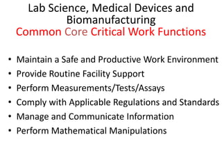 Lab Science, Medical Devices and
Biomanufacturing
Common Core Critical Work Functions
• Maintain a Safe and Productive Work Environment
• Provide Routine Facility Support
• Perform Measurements/Tests/Assays
• Comply with Applicable Regulations and Standards
• Manage and Communicate Information
• Perform Mathematical Manipulations
 