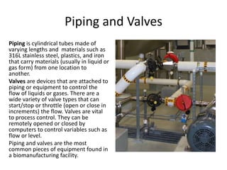 Piping and Valves
Piping is cylindrical tubes made of
varying lengths and materials such as
316L stainless steel, plastics, and iron
that carry materials (usually in liquid or
gas form) from one location to
another.
Valves are devices that are attached to
piping or equipment to control the
flow of liquids or gases. There are a
wide variety of valve types that can
start/stop or throttle (open or close in
increments) the flow. Valves are vital
to process control. They can be
remotely opened or closed by
computers to control variables such as
flow or level.
Piping and valves are the most
common pieces of equipment found in
a biomanufacturing facility.
 