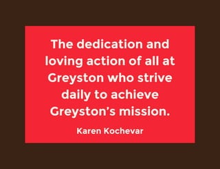 The dedication and
loving action of all at
Greyston who strive
daily to achieve
Greyston’s mission.
Karen Kochevar
 