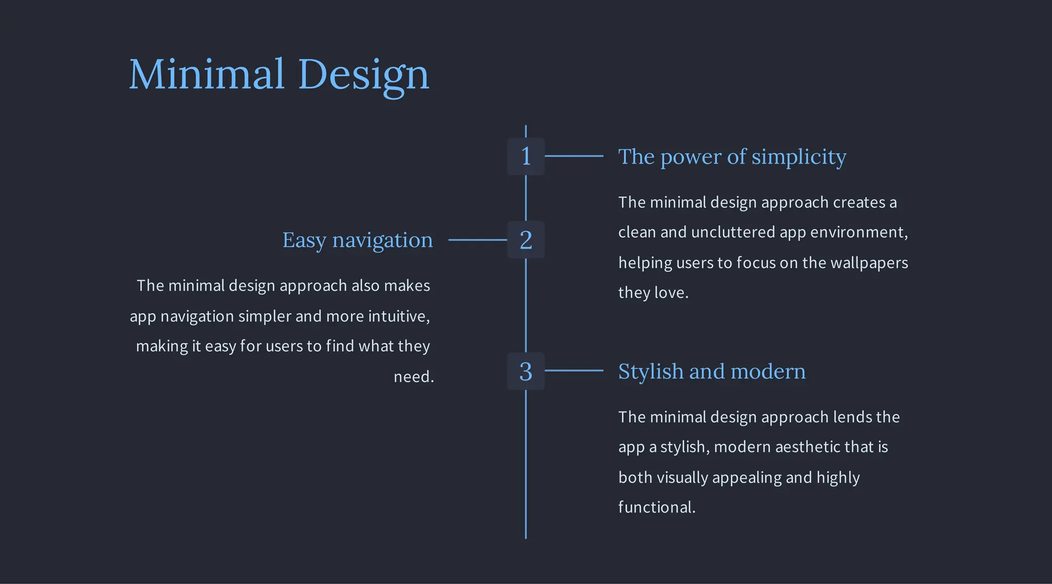 Minimal Design
1 The power of simplicity
The minimal design approach creates a
clean and uncluttered app environment,
helping users to focus on the wallpapers
they love.
2
Easy navigation
The minimal design approach also makes
app navigation simpler and more intuitive,
making it easy for users to find what they
need. 3 Stylish and modern
The minimal design approach lends the
app a stylish, modern aesthetic that is
both visually appealing and highly
functional.
 