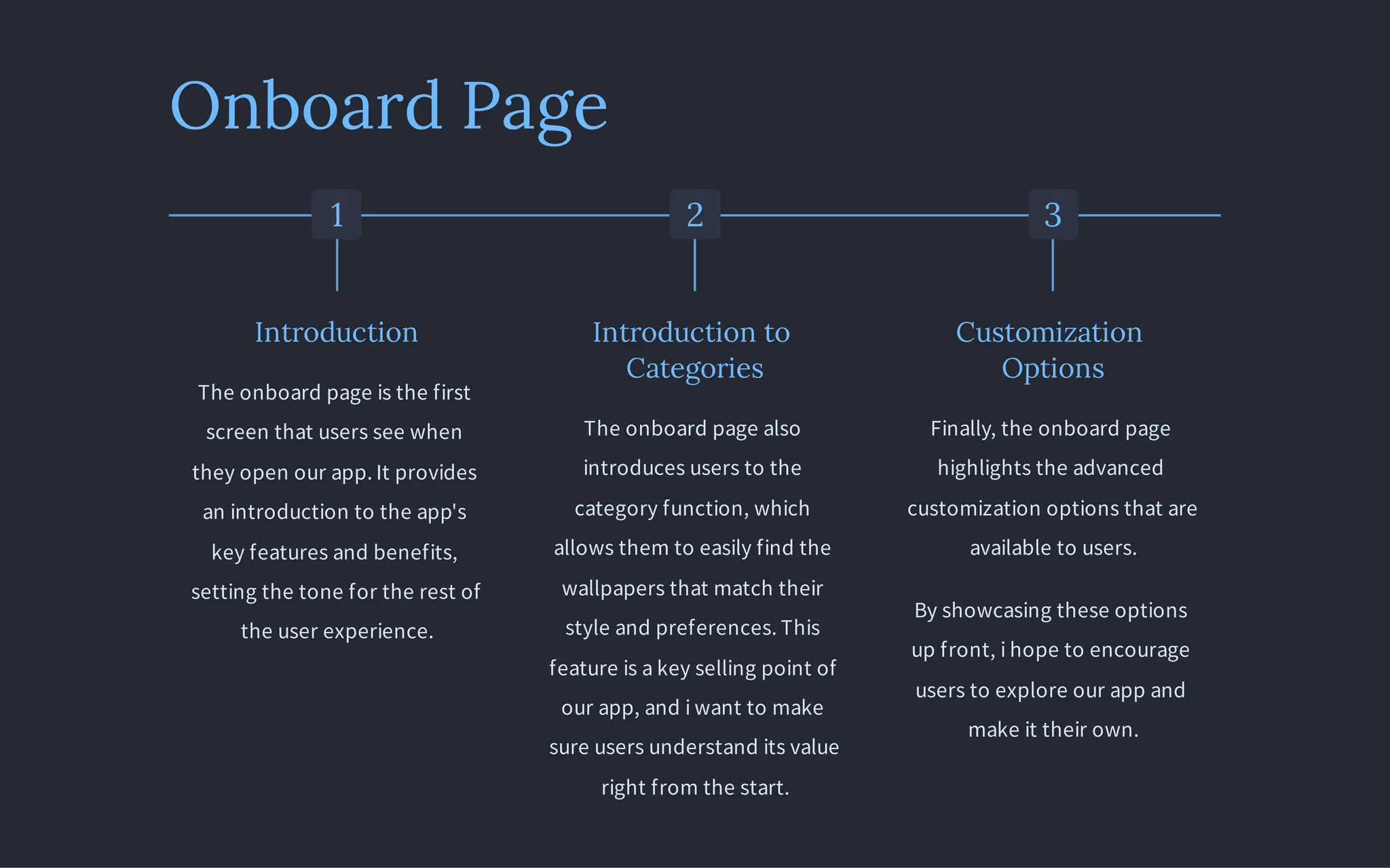 Onboard Page
1
Introduction
The onboard page is the first
screen that users see when
they open our app. It provides
an introduction to the app's
key features and benefits,
setting the tone for the rest of
the user experience.
2
Introduction to
Categories
The onboard page also
introduces users to the
category function, which
allows them to easily find the
wallpapers that match their
style and preferences. This
feature is a key selling point of
our app, and i want to make
sure users understand its value
right from the start.
3
Customization
Options
Finally, the onboard page
highlights the advanced
customization options that are
available to users.
By showcasing these options
up front, i hope to encourage
users to explore our app and
make it their own.
 