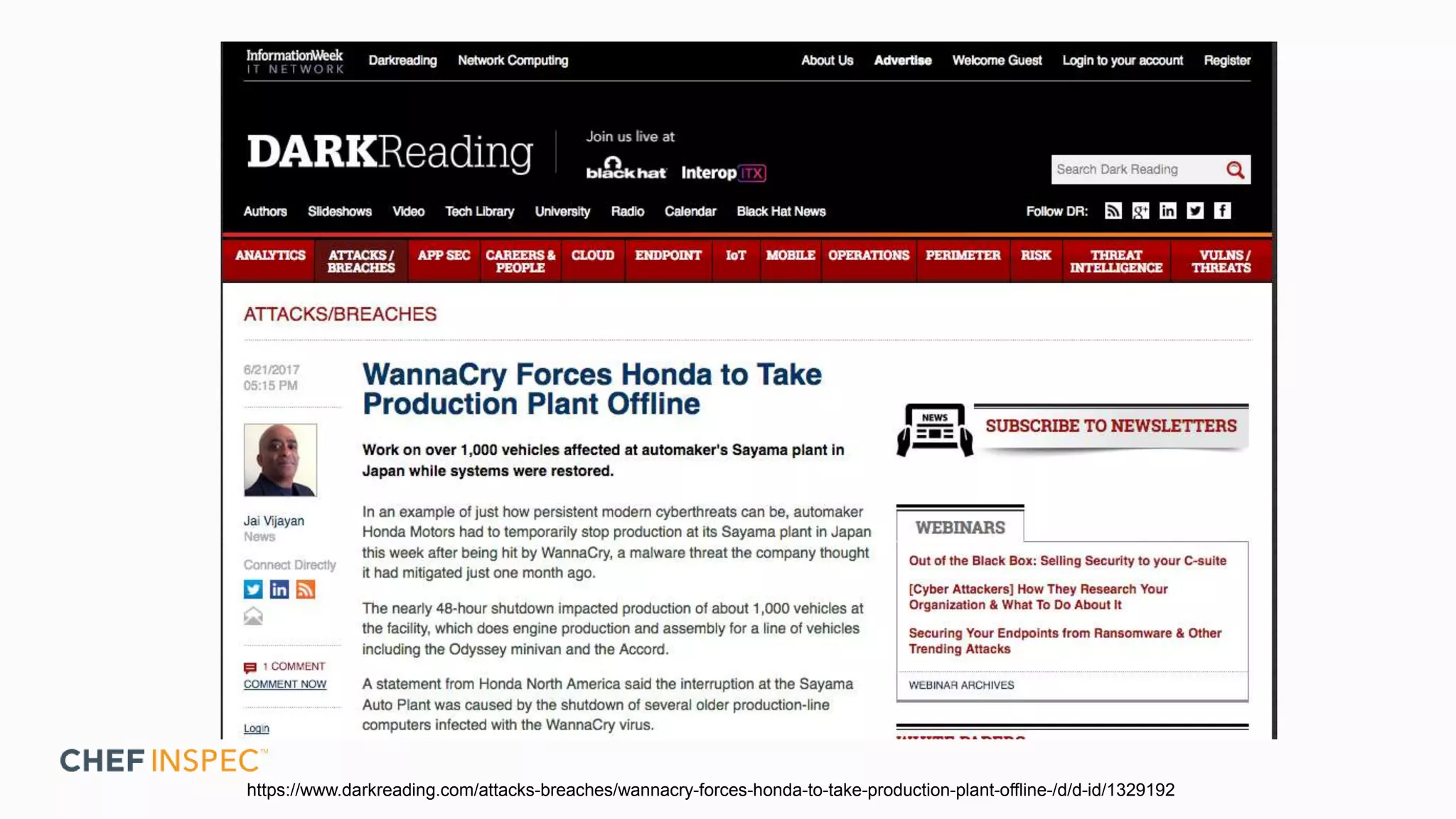 https://www.darkreading.com/attacks-breaches/wannacry-forces-honda-to-take-production-plant-offline-/d/d-id/1329192
 