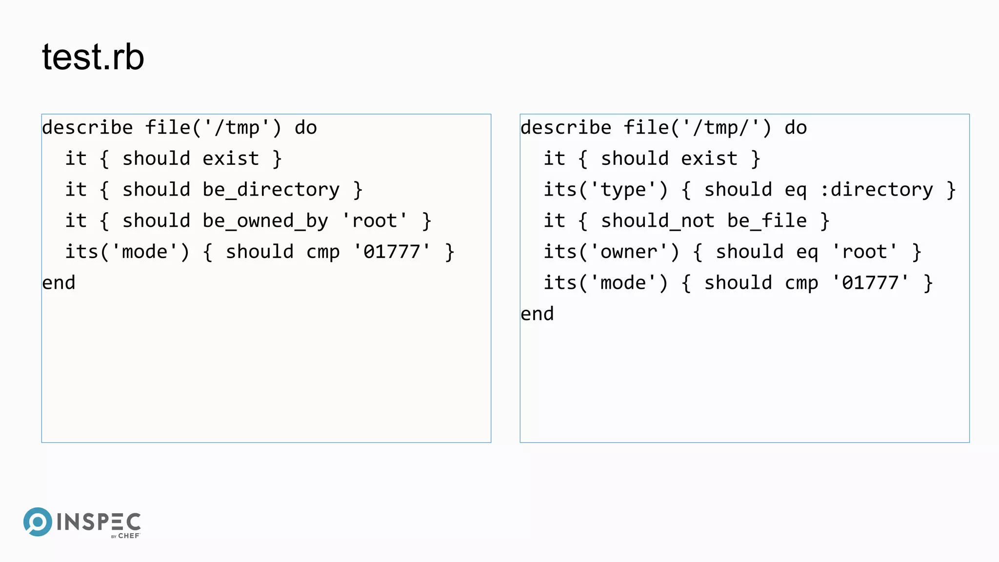 test.rb
describe file('/tmp') do
it { should exist }
it { should be_directory }
it { should be_owned_by 'root' }
its('mode') { should cmp '01777' }
end
describe file('/tmp/') do
it { should exist }
its('type') { should eq :directory }
it { should_not be_file }
its('owner') { should eq 'root' }
its('mode') { should cmp '01777' }
end
 