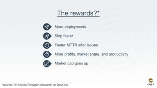 The rewards?*
*source: Dr. Nicole Forsgren research on DevOps
More deployments
Ship faster
Faster MTTR after issues
More profits, market share, and productivity
Market cap goes up
 