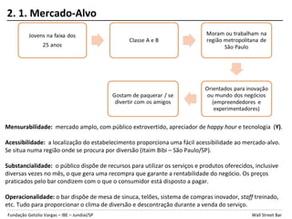 2. 1. Mercado-Alvo




Mensurabilidade: mercado amplo, com público extrovertido, apreciador de happy hour e tecnologia (Y).

Acessibilidade: a localização do estabelecimento proporciona uma fácil acessibilidade ao mercado-alvo.
Se situa numa região onde se procura por diversão (Itaim Bibi – São Paulo/SP).

Substancialidade: o público dispõe de recursos para utilizar os serviços e produtos oferecidos, inclusive
diversas vezes no mês, o que gera uma recompra que garante a rentabilidade do negócio. Os preços
praticados pelo bar condizem com o que o consumidor está disposto a pagar.

Operacionalidade: o bar dispõe de mesa de sinuca, telões, sistema de compras inovador, staff treinado,
etc. Tudo para proporcionar o clima de diversão e descontração durante a venda do serviço.
Fundação Getúlio Vargas – IBE – Jundiaí/SP                                                    Wall Street Bar
 