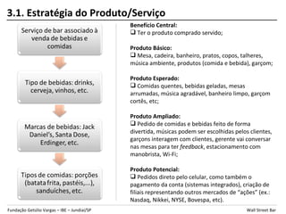 3.1. Estratégia do Produto/Serviço
                                             Benefício Central:
                                              Ter o produto comprado servido;

                                             Produto Básico:
                                              Mesa, cadeira, banheiro, pratos, copos, talheres,
                                             música ambiente, produtos (comida e bebida), garçom;

                                             Produto Esperado:
                                              Comidas quentes, bebidas geladas, mesas
                                             arrumadas, música agradável, banheiro limpo, garçom
                                             cortês, etc;

                                             Produto Ampliado:
                                              Pedido de comidas e bebidas feito de forma
                                             divertida, músicas podem ser escolhidas pelos clientes,
                                             garçons interagem com clientes, gerente vai conversar
                                             nas mesas para ter feedback, estacionamento com
                                             manobrista, Wi-Fi;

                                             Produto Potencial:
                                              Pedidos direto pelo celular, como também o
                                             pagamento da conta (sistemas integrados), criação de
                                             filiais representando outros mercados de “ações” (ex.:
                                             Nasdaq, Nikkei, NYSE, Bovespa, etc).
Fundação Getúlio Vargas – IBE – Jundiaí/SP                                                Wall Street Bar
 