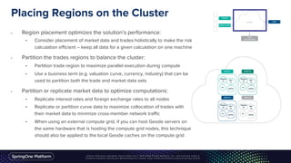 Placing Regions on the Cluster
• Region placement optimizes the solution’s performance:
• Consider placement of market data and trades holistically to make the risk
calculation efficient – keep all data for a given calculation on one machine
• Partition the trades regions to balance the cluster:
• Partition trade region to maximize parallel execution during compute
• Use a business term (e.g. valuation curve, currency, industry) that can be
used to partition both the trade and market data sets
• Partition or replicate market data to optimize computations:
• Replicate interest rates and foreign exchange rates to all nodes
• Replicate or partition curve data to maximize collocation of trades with
their market data to minimize cross-member network traffic
• When using an external compute grid, if you can host Geode servers on
the same hardware that is hosting the compute grid nodes, this technique
should also be applied to the local Geode caches on the compute grid
 
