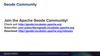 Geode Community
19
Join the Apache Geode Community!
Check out: http://geode.incubator.apache.org
Subscribe: user-subscribe@geode.incubator.apache.org
Download: http://geode.incubator.apache.org/releases
 