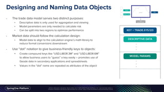 Designing and Naming Data Objects
• The trade data model serves two distinct purposes:
• Descriptive data is only used for aggregation and viewing
• Model parameters are only needed to calculate risk
• Can be split into two regions to optimize performance
• Market data should follow the calculation design:
• Model data to align to the calculation engine’s math library to
reduce format conversions downstream
• Use “dot” notation to give business-friendly keys to objects:
• Create compound keys like “USD.LIBOR.3M” and ”USD.LIBOR.6M”
to allow business users to “guess” a key easily – promotes use of
Geode data in secondary applications and spreadsheets
• Values in the “dot” name are repeated as attributes of the object
 