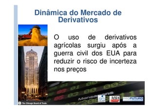 Dinâmica do Mercado de
      Derivativos

    O uso de derivativos
    agrícolas surgiu após a
    guerra civil dos EUA para
    reduzir o risco de incerteza
    nos preços
 