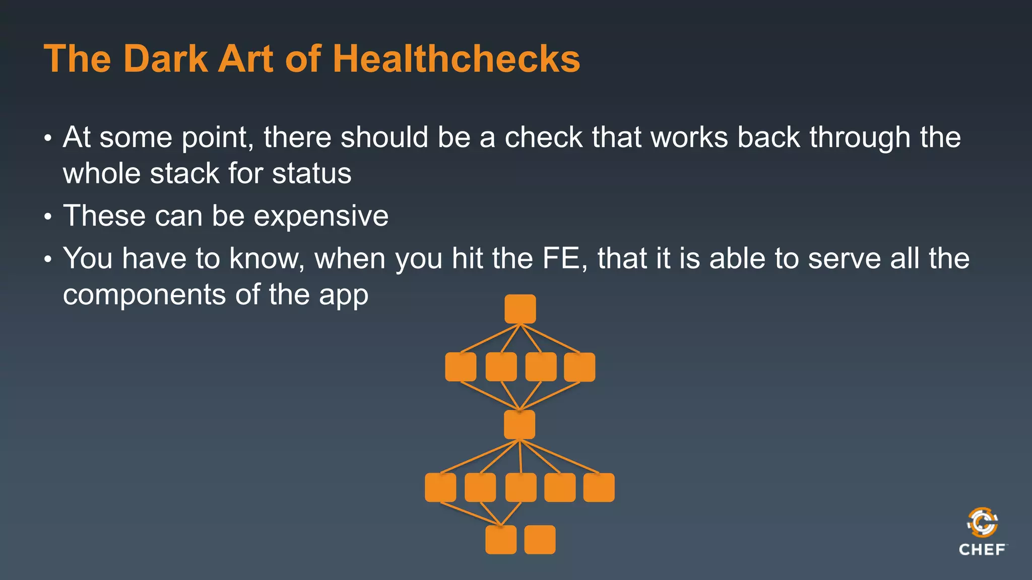 The Dark Art of Healthchecks 
• At some point, there should be a check that works back through the 
whole stack for status 
• These can be expensive 
• You have to know, when you hit the FE, that it is able to serve all the 
components of the app 
 