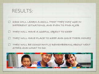 RESULTS:

        Spending: take pieces outTHAT THEY MAY USE IN
         KIDS WILL LEARN A SKILL of your picture
          DIFFERENT SITUATIONS, AND EVEN TO FIND A JOB

          THEY WILL HAVE A USEFUL OBJECT TO KEEP

          THEY WILL HAVE PLACE TO KEEP AND SAVE THEIR MONEY

          THEY WILL BE CONSTANTLY REMEMBERING ABOUT NEXT
          STEPS AND WHAT TO DO




IY workshop          Emily, Isadora, Stephanie, Nancy, Cleo, Jenni             Jun

         Poor kids can also used rich amount of triangles for great pictures
 