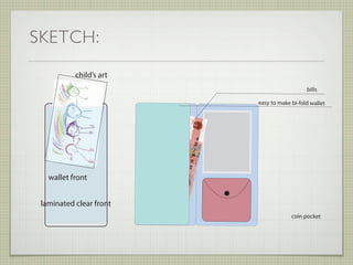 SKETCH:
           child’s art
                                            bills

                         easy to make bi-fold wallet




   wallet front


 laminated clear front
                                      coin pocket
 
