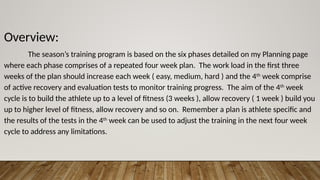 Overview:
The season’s training program is based on the six phases detailed on my Planning page
where each phase comprises of a repeated four week plan. The work load in the first three
weeks of the plan should increase each week ( easy, medium, hard ) and the 4th
week comprise
of active recovery and evaluation tests to monitor training progress. The aim of the 4th
week
cycle is to build the athlete up to a level of fitness (3 weeks ), allow recovery ( 1 week ) build you
up to higher level of fitness, allow recovery and so on. Remember a plan is athlete specific and
the results of the tests in the 4th
week can be used to adjust the training in the next four week
cycle to address any limitations.
 