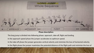 Phase description:
The long jump is divided into following phase: approach, take-off, flight and landing.
In the approach speed phase the jumper accelerates to optimum speed.
In the take-off phase the jumper generates vertical velocity and minimize the loss of horizontal velocity.
In the flight phase the jumper maximizes the potential distance of the flight path and minimize the loss of
distance at the touchdown.
 