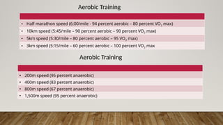 Aerobic Training
• Half marathon speed (6:00/mile - 94 percent aerobic – 80 percent VO2 max)
• 10km speed (5:45/mile – 90 percent aerobic – 90 percent VO2 max)
• 5km speed (5:30/mile – 80 percent aerobic – 95 VO2 max)
• 3km speed (5:15/mile – 60 percent aerobic – 100 percent VO2 max
Aerobic Training
• 200m speed (95 percent anaerobic)
• 400m speed (83 percent anaerobic)
• 800m speed (67 percent anaerobic)
• 1,500m speed (95 percent anaerobic)
 