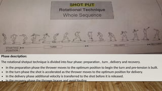 Phase description:
The rotational shotput technique is divided into four phase: preparation , turn , delivery and recovery.
∙ In the preparation phase the thrower moves to the optimum position to begin the turn and pre-tension is built.
∙ In the turn phase the shot is accelerated as the thrower moves to the optimum position for delivery.
∙ In the delivery phase additional velocity is transferred to the shot before it is released.
∙ In the recovery phase the thrower braces and avoid fouling.
 