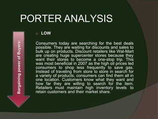 PORTER ANALYSIS
⦿ LOW
Consumers today are searching for the best deals
possible. They are waiting for discounts and sales to
bulk up on products. Discount retailers like Wal-Mart
are creating huge supercenter stores because they
want their stores to become a one-stop trip. This
was most beneficial in 2007 as the high oil prices led
consumers to shop less frequently to save gas.
Instead of traveling from store to store in search for
a variety of products, consumers can find them all in
one location. Customers know what they want and
how far they are willing to search for the item.
Retailers must maintain high inventory levels to
retain customers and their market share.
Bargaining
power
of
Buyers:
 
