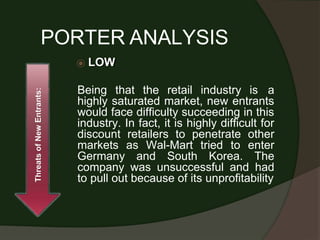 PORTER ANALYSIS
⦿ LOW
Being that the retail industry is a
highly saturated market, new entrants
would face difficulty succeeding in this
industry. In fact, it is highly difficult for
discount retailers to penetrate other
markets as Wal-Mart tried to enter
Germany and South Korea. The
company was unsuccessful and had
to pull out because of its unprofitability
Threats
of
New
Entrants:
 