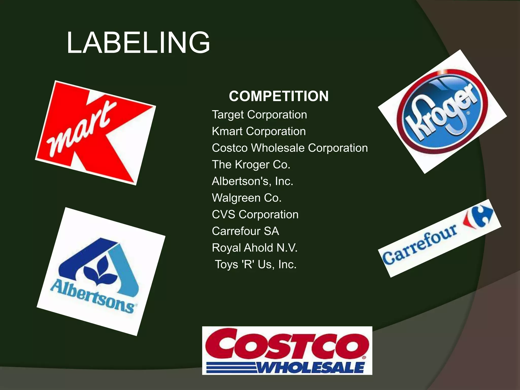 LABELING
              COMPETITION
           Target Corporation
           Kmart Corporation
           Costco Wholesale Corporation
           The Kroger Co.
           Albertson's, Inc.
           Walgreen Co.
           CVS Corporation
           Carrefour SA
           Royal Ahold N.V.
            Toys 'R' Us, Inc.
 