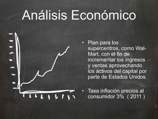 Análisis Económico
• Plan para los
supercentros, como Wal-
Mart, con el fin de
incrementar los ingresos
y ventas aprovechando
los activos del capital por
parte de Estados Unidos.
• Tasa inflación precios al
consumidor 3% ( 2011 )
 