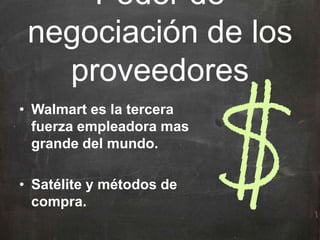 • Walmart es la tercera
fuerza empleadora mas
grande del mundo.
• Satélite y métodos de
compra.
Poder de
negociación de los
proveedores
 