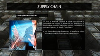 SUPPLY CHAIN 
Estratégias Tecnológicas 
Em1975,aempresacomeçouautilizarumsistemadecomputadorquecontrolaosseusstocksdosseuscentrosdedistribuiçãoearmazéns,deacordocomumcronogramadahistóriadoWalmartdeSupplyChainDigest. 
Osdadossãocompartilhadoscomosseusfornecedoresque,sabemquandodevemenviarmaisprodutos.  