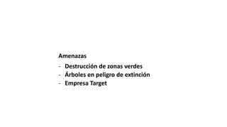 Amenazas
- Destrucción de zonas verdes
- Árboles en peligro de extinción
- Empresa Target
 