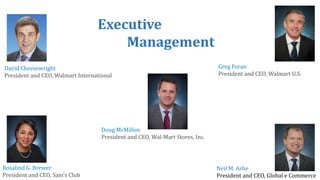 Doug McMillon
President and CEO, Wal-Mart Stores, Inc.
Rosalind G. Brewer
President and CEO, Sam’s Club
David Cheesewright
President and CEO, Walmart International
Greg Foran
President and CEO, Walmart U.S.
Neil M. Ashe
President and CEO, Global e Commerce
Executive
Management
 