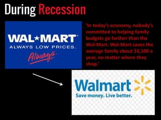 ‘In today’s economy, nobody’s
committed to helping family
budgets go further than the
Wal-Mart. Wal-Mart saves the
average family about $3,100 a
year, no matter where they
shop.’
 