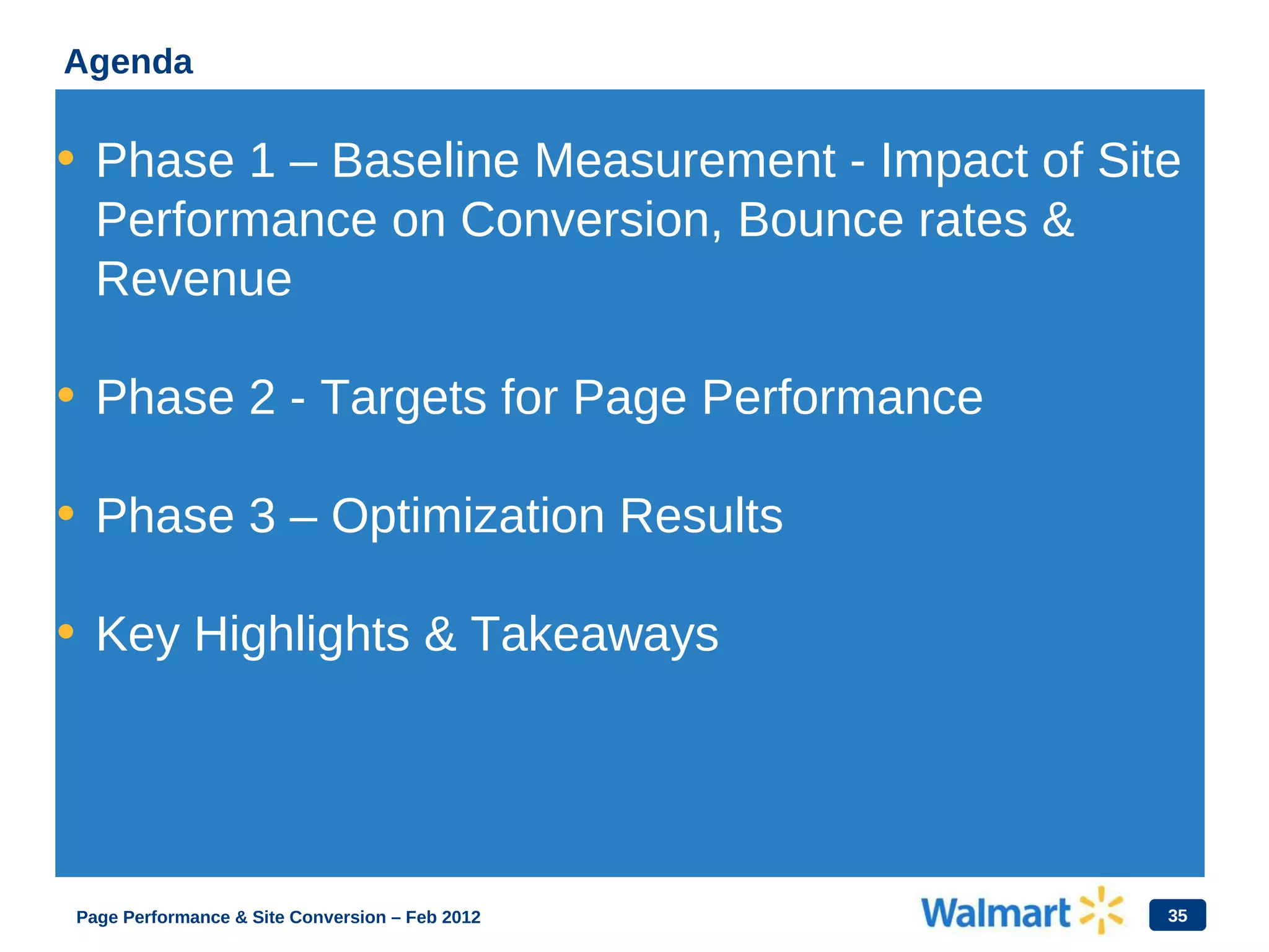 35
Agenda
• Phase 1 – Baseline Measurement - Impact of Site
Performance on Conversion, Bounce rates &
Revenue
• Phase 2 - Targets for Page Performance
• Phase 3 – Optimization Results
• Key Highlights & Takeaways
Page Performance & Site Conversion – Feb 2012
 