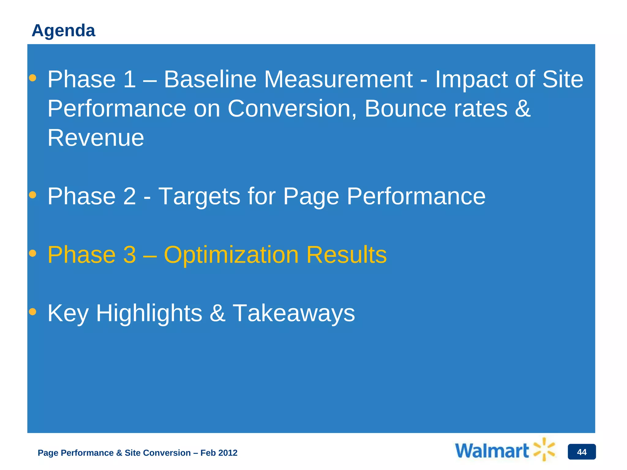 44
Agenda
• Phase 1 – Baseline Measurement - Impact of Site
Performance on Conversion, Bounce rates &
Revenue
• Phase 2 - Targets for Page Performance
• Phase 3 – Optimization Results
• Key Highlights & Takeaways
Page Performance & Site Conversion – Feb 2012
 