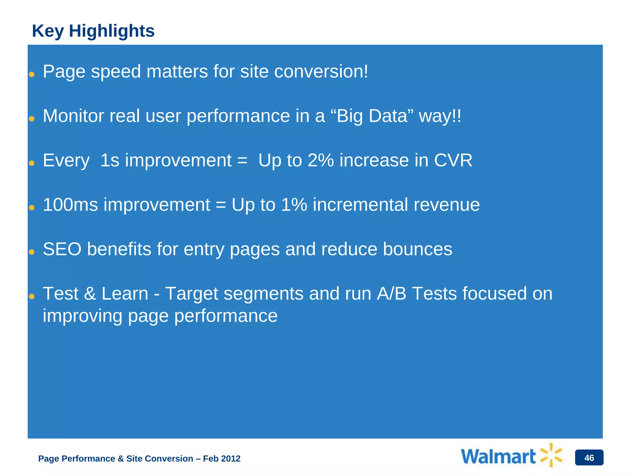 46
• Page speed matters for site conversion!
• Monitor real user performance in a “Big Data” way!!
• Every 1s improvement = Up to 2% increase in CVR
• 100ms improvement = Up to 1% incremental revenue
• SEO benefits for entry pages and reduce bounces
• Test & Learn - Target segments and run A/B Tests focused on
improving page performance
Key Highlights
Page Performance & Site Conversion – Feb 2012
 