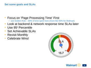 Set some goals and SLAs
• Focus on ‘Page Processing Time’ First
– see Golden Rule – 80% of time spent here (more like 90% for Walmart)
• Look at backend & network response time SLAs later
• Use 95th
Percentile
• Set Achievable SLAs
• Revisit Monthly
• Celebrate Wins!
15
 