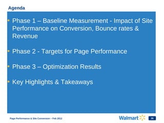 35
Agenda
• Phase 1 – Baseline Measurement - Impact of Site
Performance on Conversion, Bounce rates &
Revenue
• Phase 2 - Targets for Page Performance
• Phase 3 – Optimization Results
• Key Highlights & Takeaways
Page Performance & Site Conversion – Feb 2012
 
