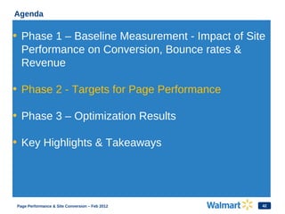 42
Agenda
• Phase 1 – Baseline Measurement - Impact of Site
Performance on Conversion, Bounce rates &
Revenue
• Phase 2 - Targets for Page Performance
• Phase 3 – Optimization Results
• Key Highlights & Takeaways
Page Performance & Site Conversion – Feb 2012
 