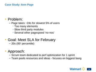 Case Study: Item Page
• Problem:
– Page takes ~24s for slowest 5% of users
• Too many elements
• Slow third party modules
...