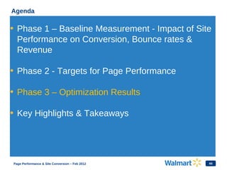 44
Agenda
• Phase 1 – Baseline Measurement - Impact of Site
Performance on Conversion, Bounce rates &
Revenue
• Phase 2 - ...
