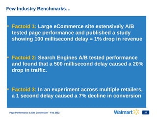 33
Few Industry Benchmarks…
• Factoid 1: Large eCommerce site extensively A/B
tested page performance and published a stud...