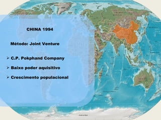 CHINA 1994 Método: Joint Venture C.P. Pokphand Company  Baixo poder aquisitivo Crescimento populacional  
