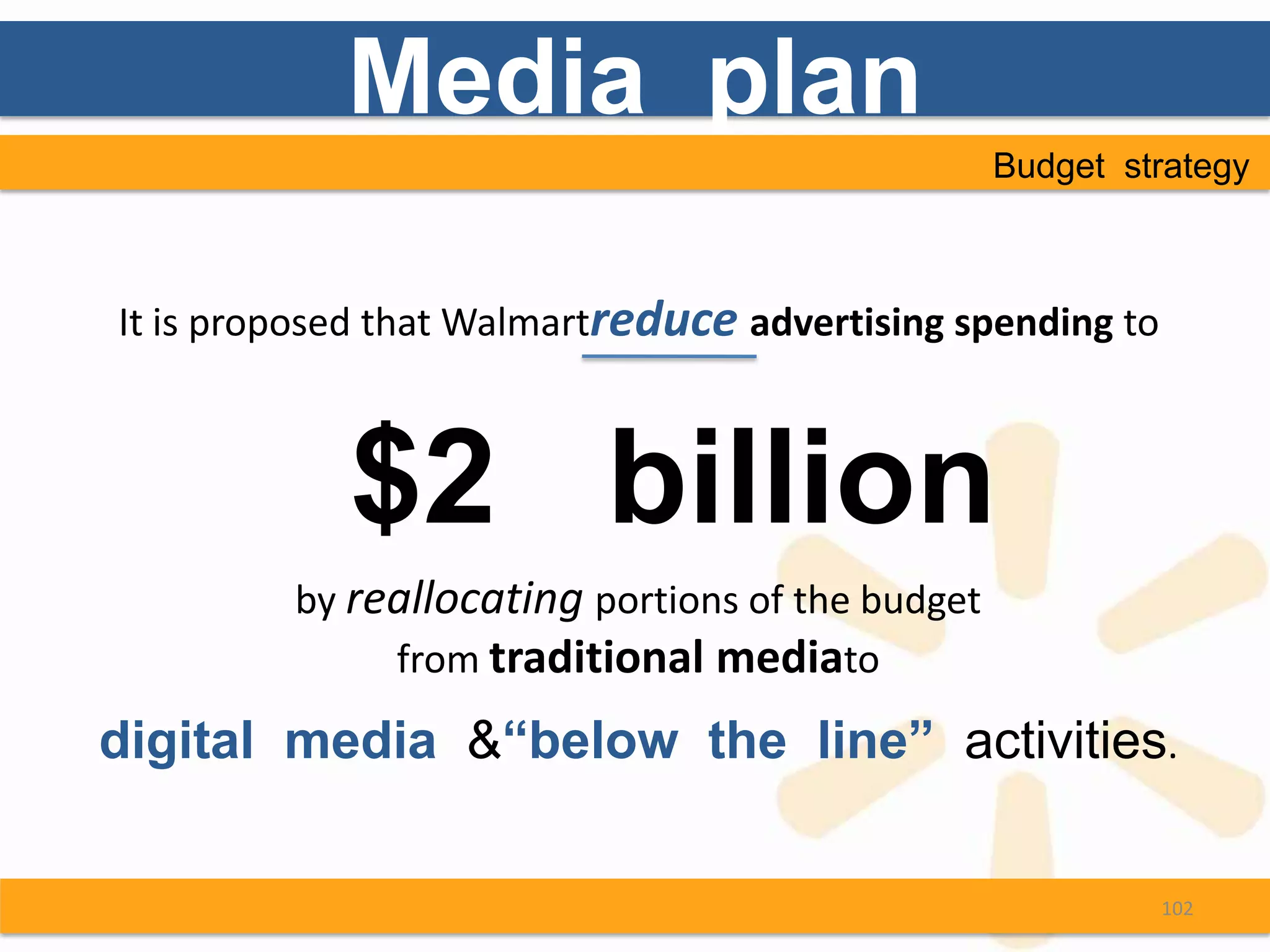 Media plan
                                                  Budget strategy



It is proposed that Walmartreduce advertising spending to



            $2 billion
         by reallocating portions of the budget
              from traditional mediato

digital media &“below the line” activities.

                                                            102
 