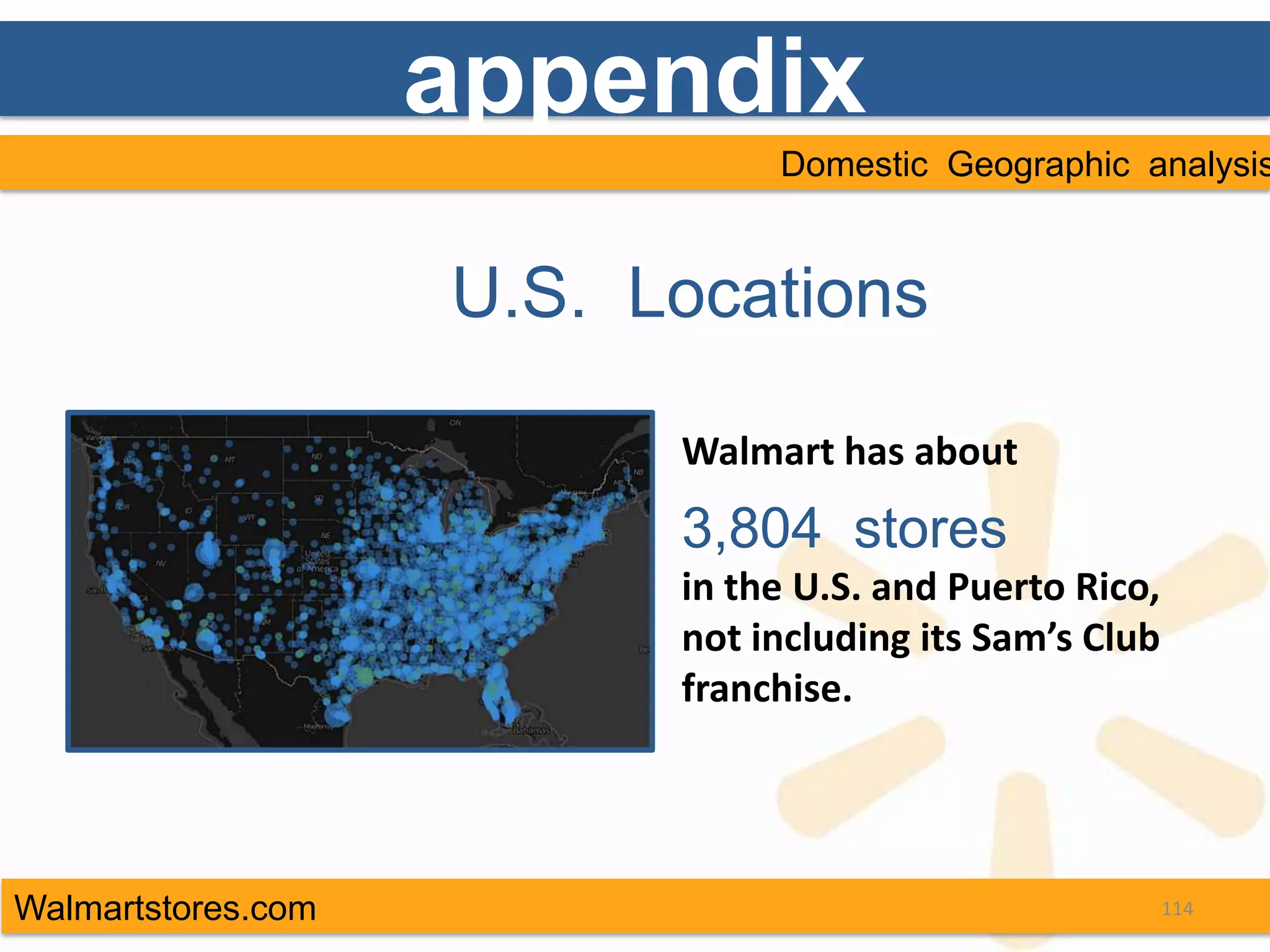 appendix
                               Domestic Geographic analysis


                    U.S. Locations

                          Walmart has about
                          3,804 stores
                          in the U.S. and Puerto Rico,
                          not including its Sam’s Club
                          franchise.




Walmartstores.com                                        114
 