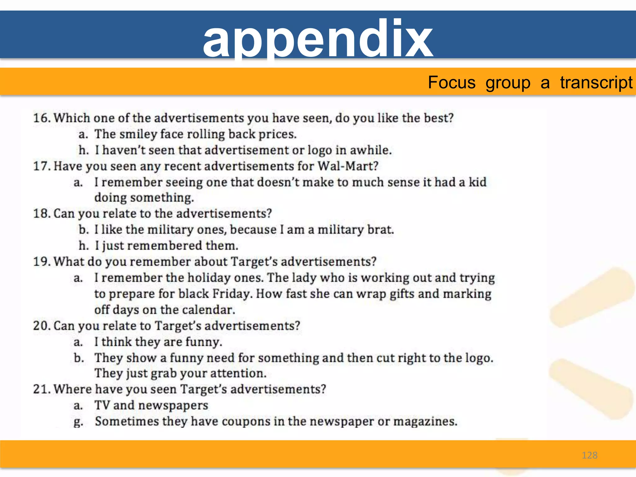 appendix
       Focus group a transcript




                         128
 