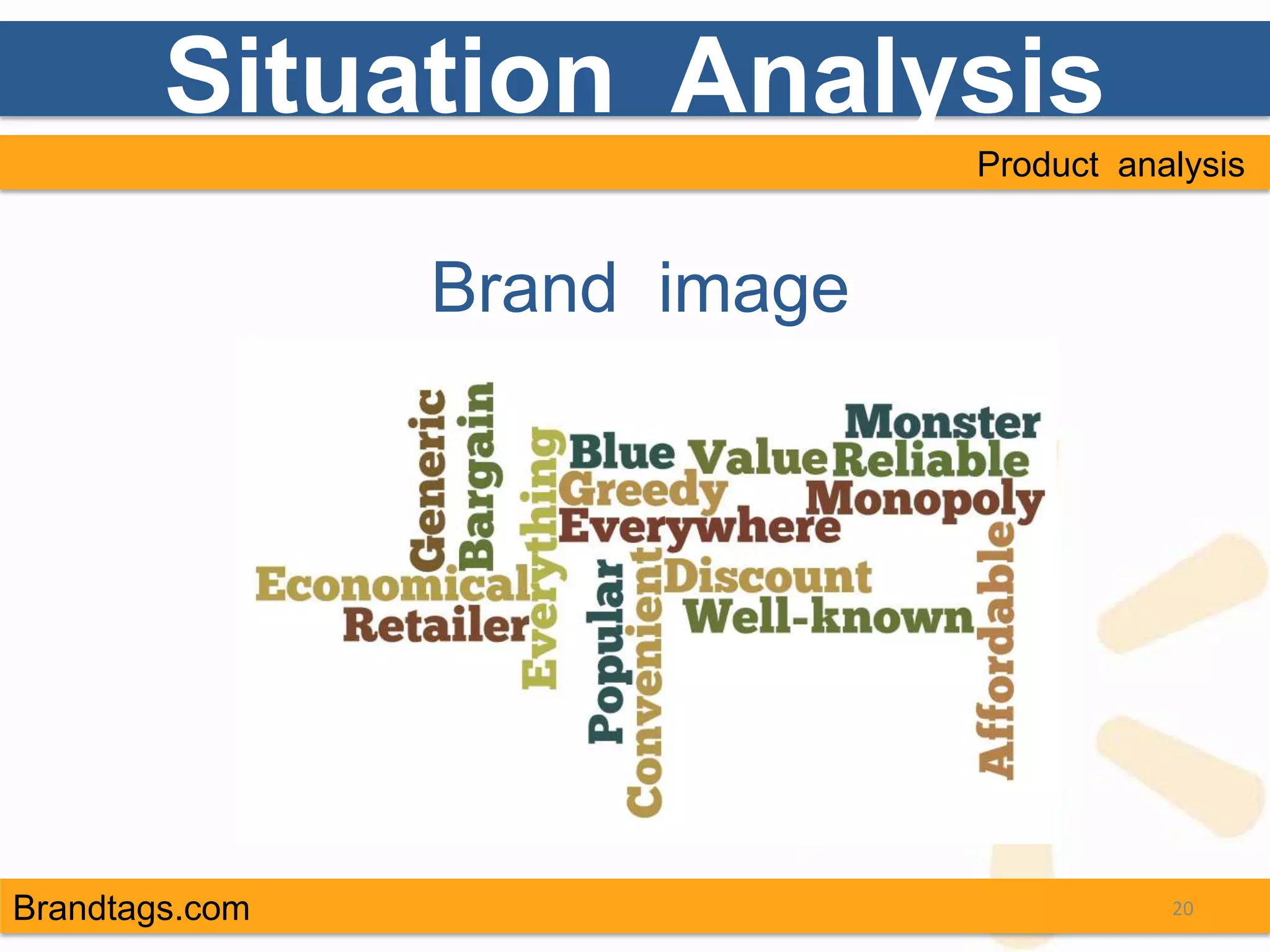 Situation Analysis
                              Product analysis


                Brand image




Brandtags.com                            20
 