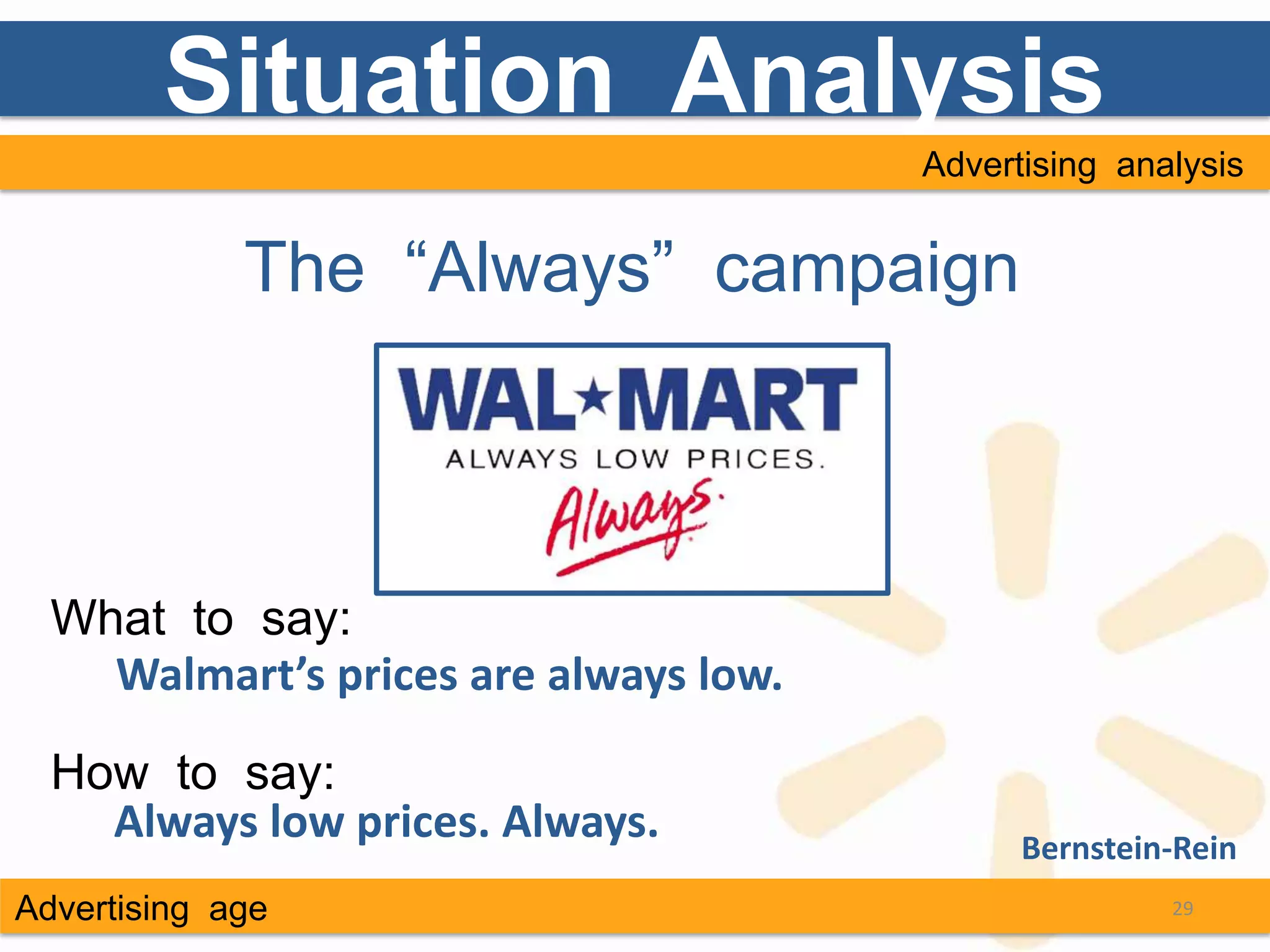 Situation Analysis
                                       Advertising analysis


             The “Always” campaign



  What to say:
    Walmart’s prices are always low.

  How to say:
    Always low prices. Always.               Bernstein-Rein
Advertising age                                       29
 