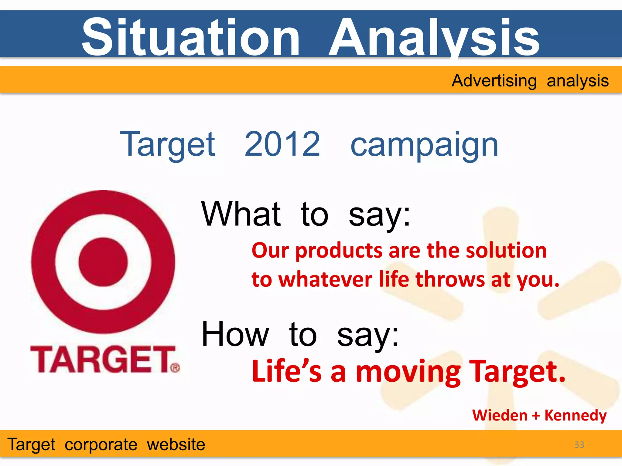 Situation Analysis
                                               Advertising analysis



             Target 2012 campaign

                       What to say:
                           Our products are the solution
                           to whatever life throws at you.

                       How to say:
                         Life’s a moving Target.
                                                 Wieden + Kennedy
Target corporate website                                      33
 