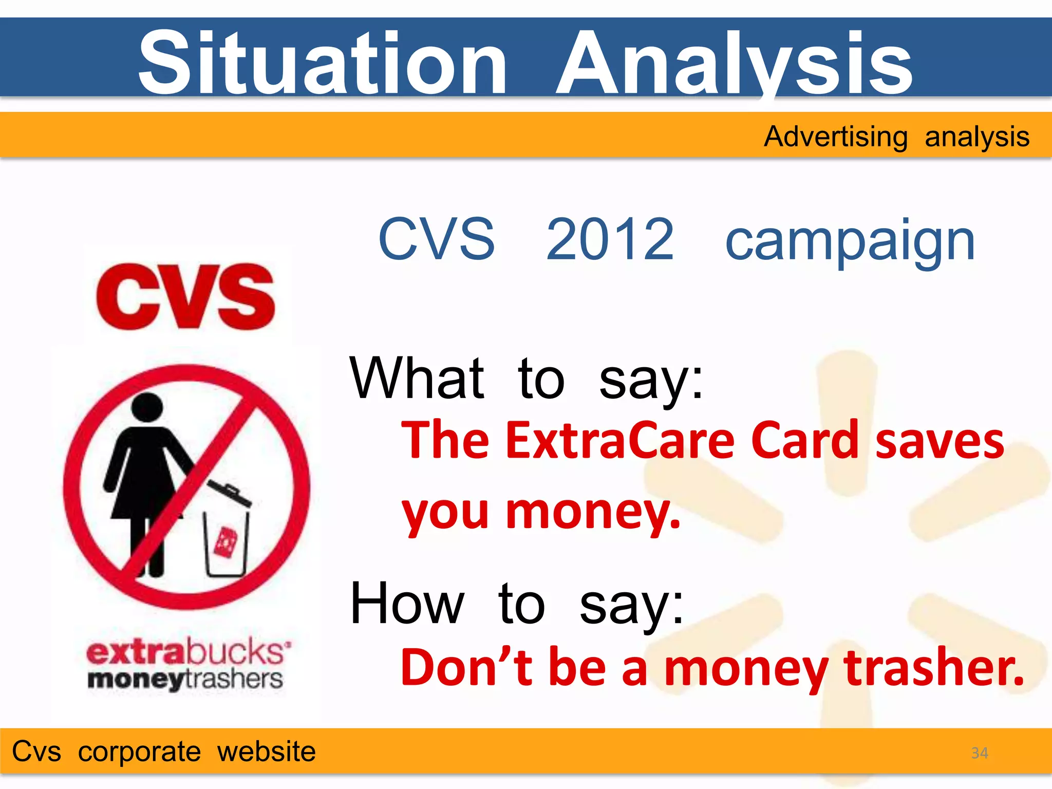 Situation Analysis
                                       Advertising analysis


                         CVS 2012 campaign

                        What to say:
                         The ExtraCare Card saves
                         you money.
                        How to say:
                         Don’t be a money trasher.
Cvs corporate website                                 34
 
